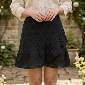Express NEW Embroidered Eyelet Black Ruffle Mini Skirt Cotton Boho Cottage Sz 12